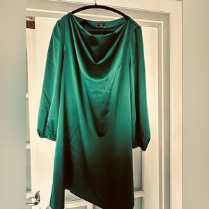 Ann Taylor Emerald Satin Cowl Neck Long Sleeve Dress